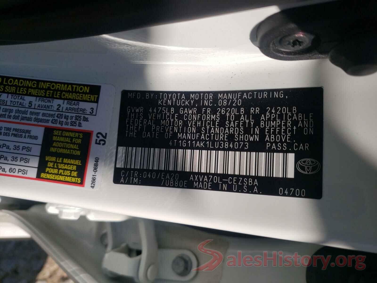 4T1G11AK1LU384073 2020 TOYOTA CAMRY