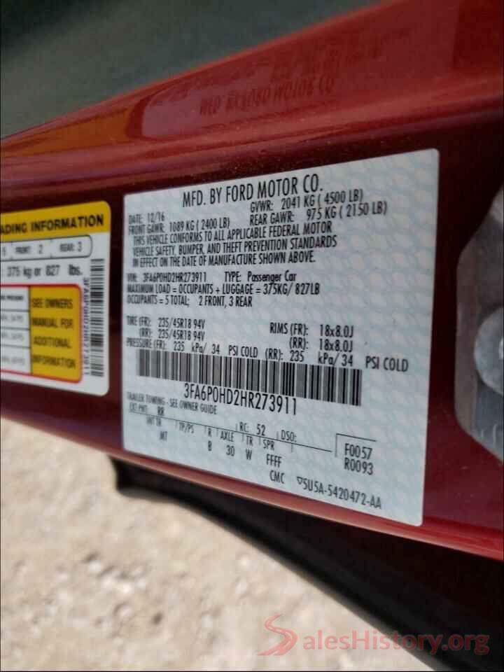 3FA6P0HD2HR273911 2017 FORD FUSION