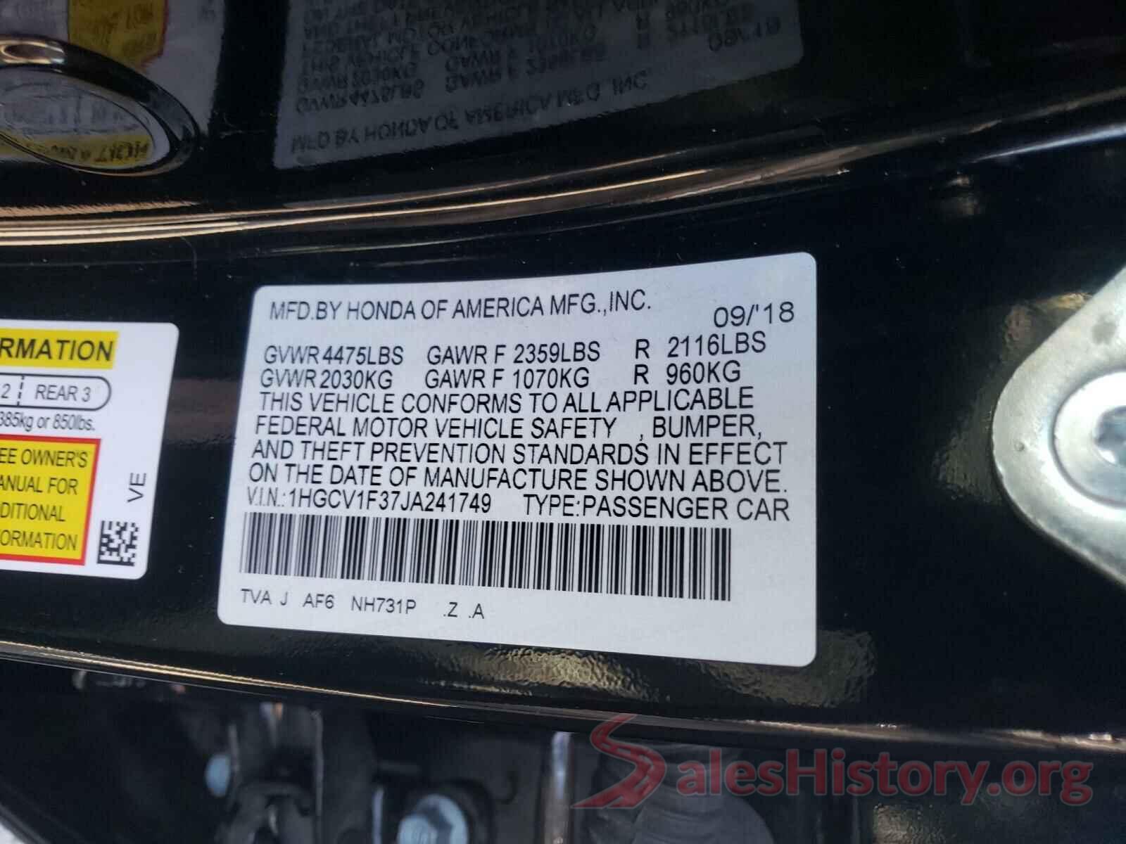 1HGCV1F37JA241749 2018 HONDA ACCORD