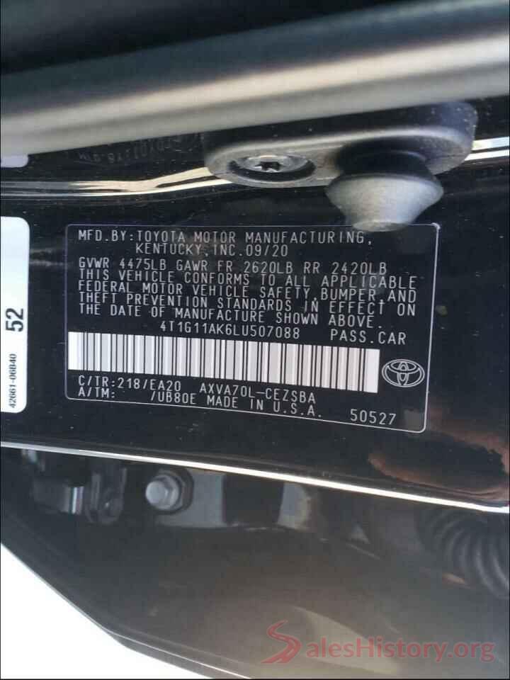 4T1G11AK6LU507088 2020 TOYOTA CAMRY