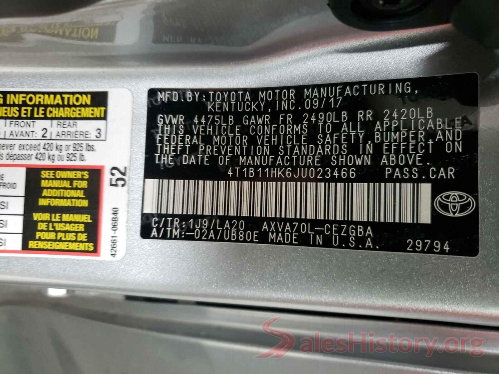 4T1B11HK6JU023466 2018 TOYOTA CAMRY