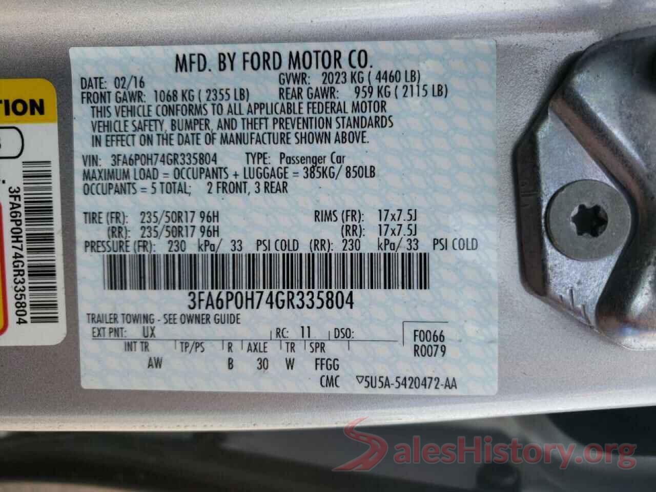 3FA6P0H74GR335804 2016 FORD FUSION