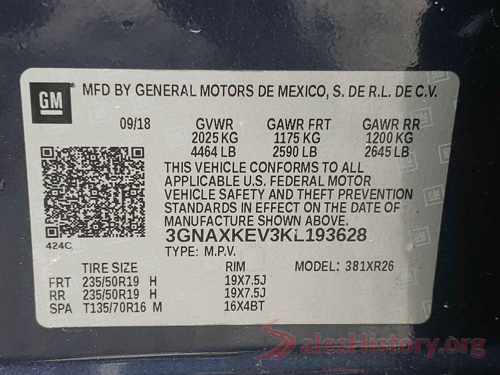 3GNAXKEV3KL193628 2019 CHEVROLET EQUINOX