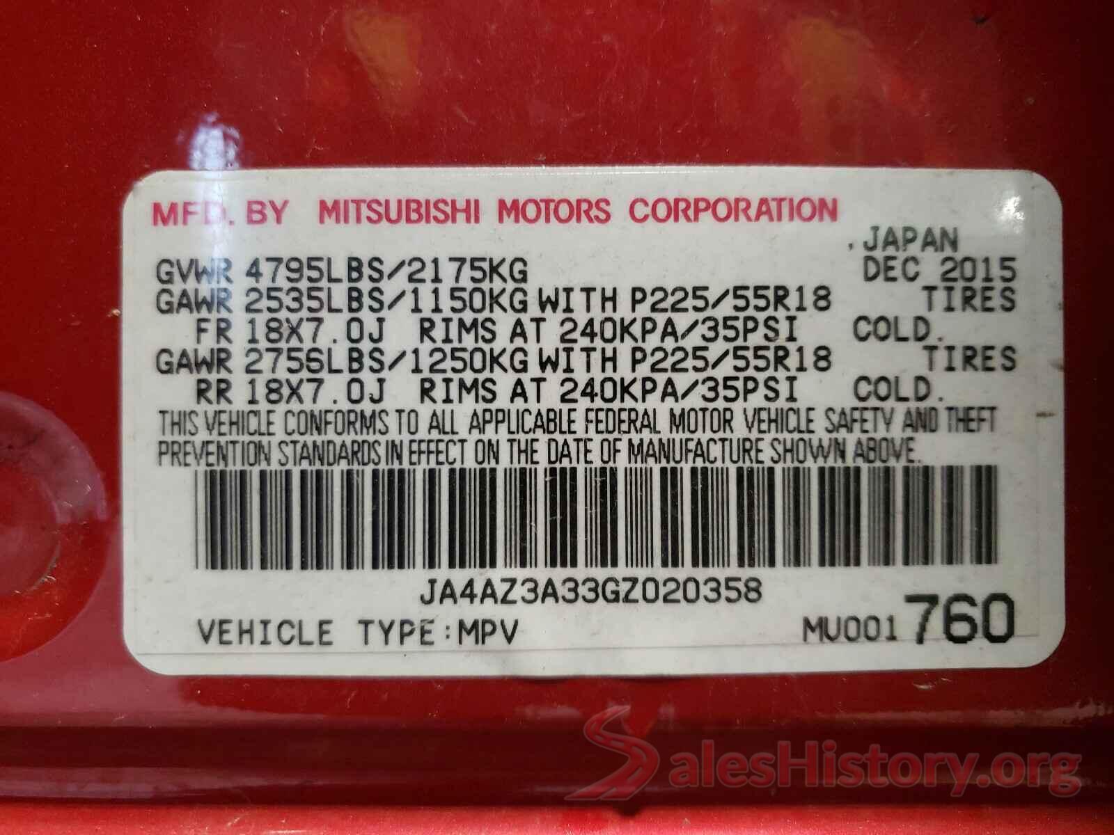 JA4AZ3A33GZ020358 2016 MITSUBISHI OUTLANDER