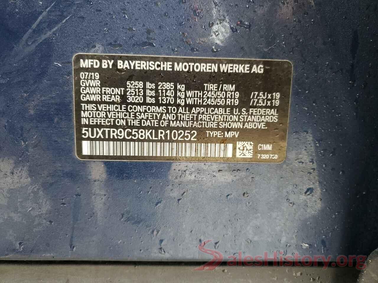 5UXTR9C58KLR10252 2019 BMW X3