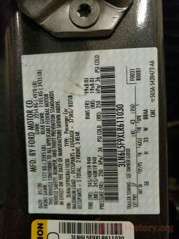 3LN6L5F9XLR611030 2020 LINCOLN MKZ