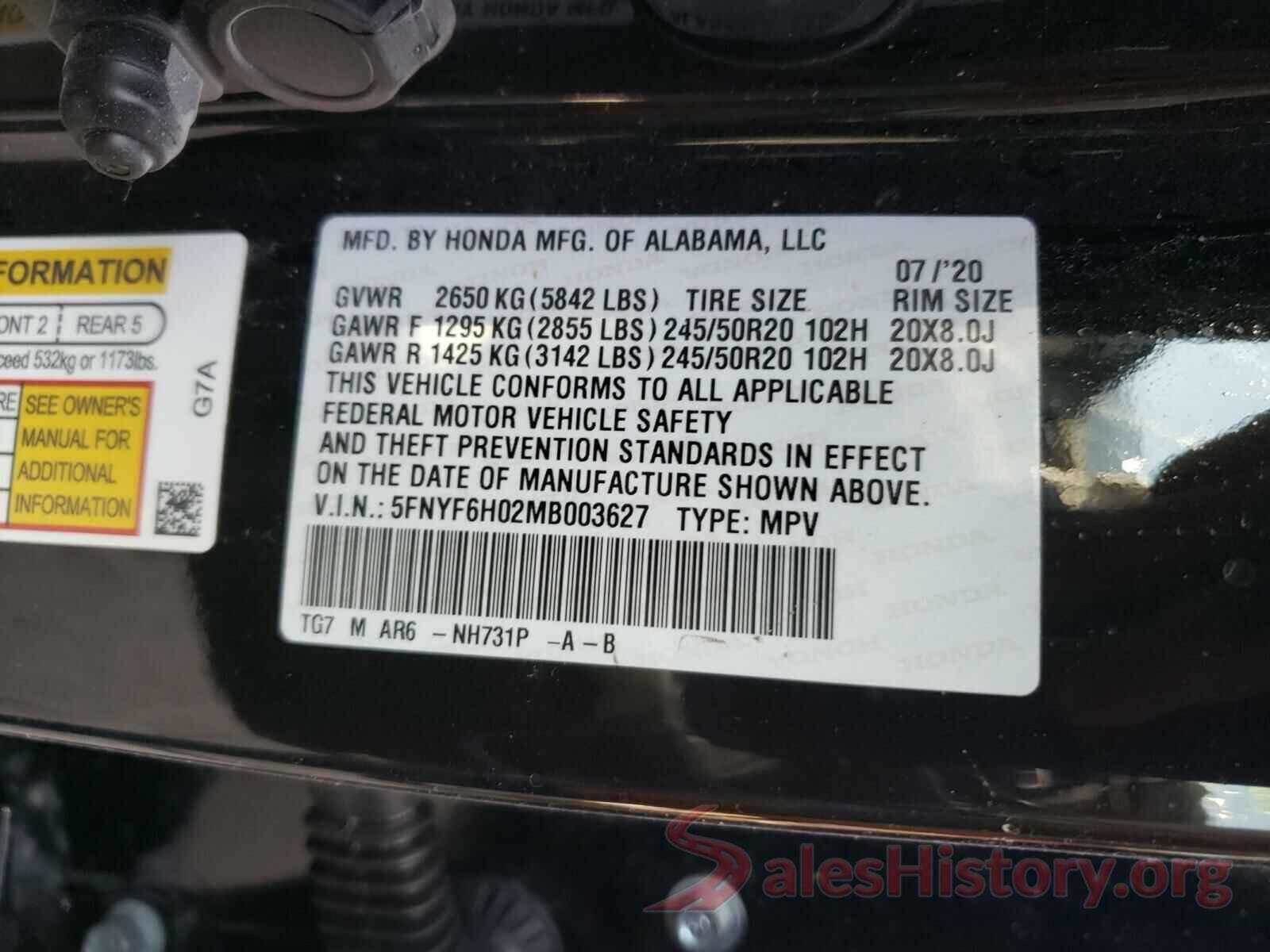 5FNYF6H02MB003627 2021 HONDA PILOT