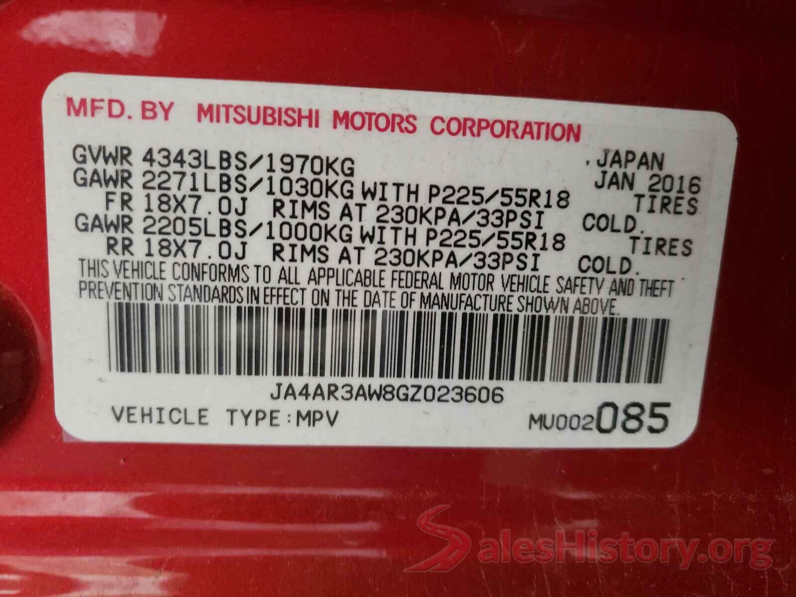 JA4AR3AW8GZ023606 2016 MITSUBISHI OUTLANDER