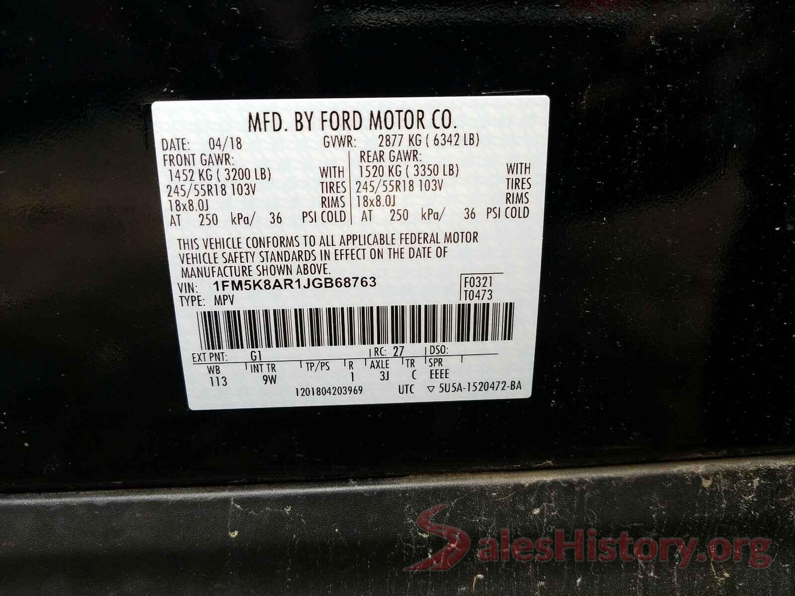 1FM5K8AR1JGB68763 2018 FORD EXPLORER