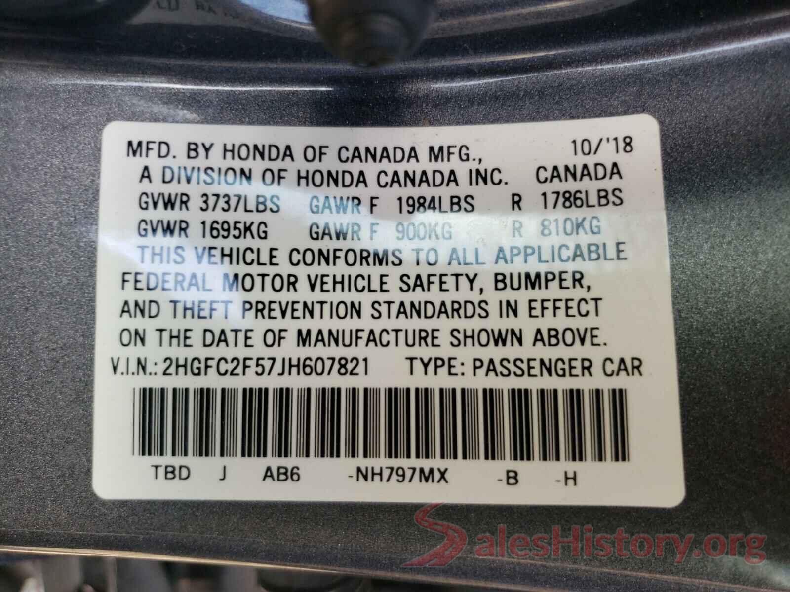 2HGFC2F57JH607821 2018 HONDA CIVIC