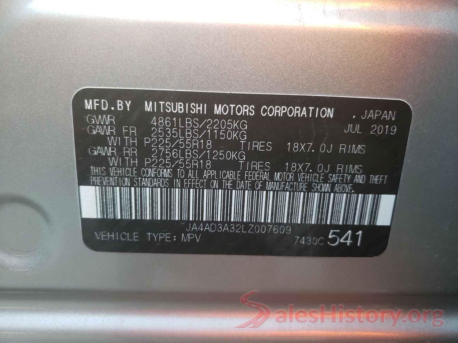 JA4AD3A32LZ007609 2020 MITSUBISHI OUTLANDER