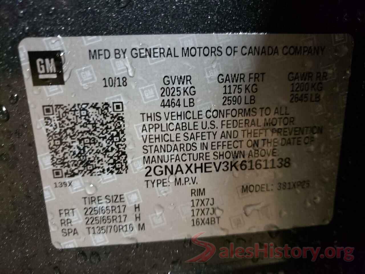 2GNAXHEV3K6161138 2019 CHEVROLET EQUINOX