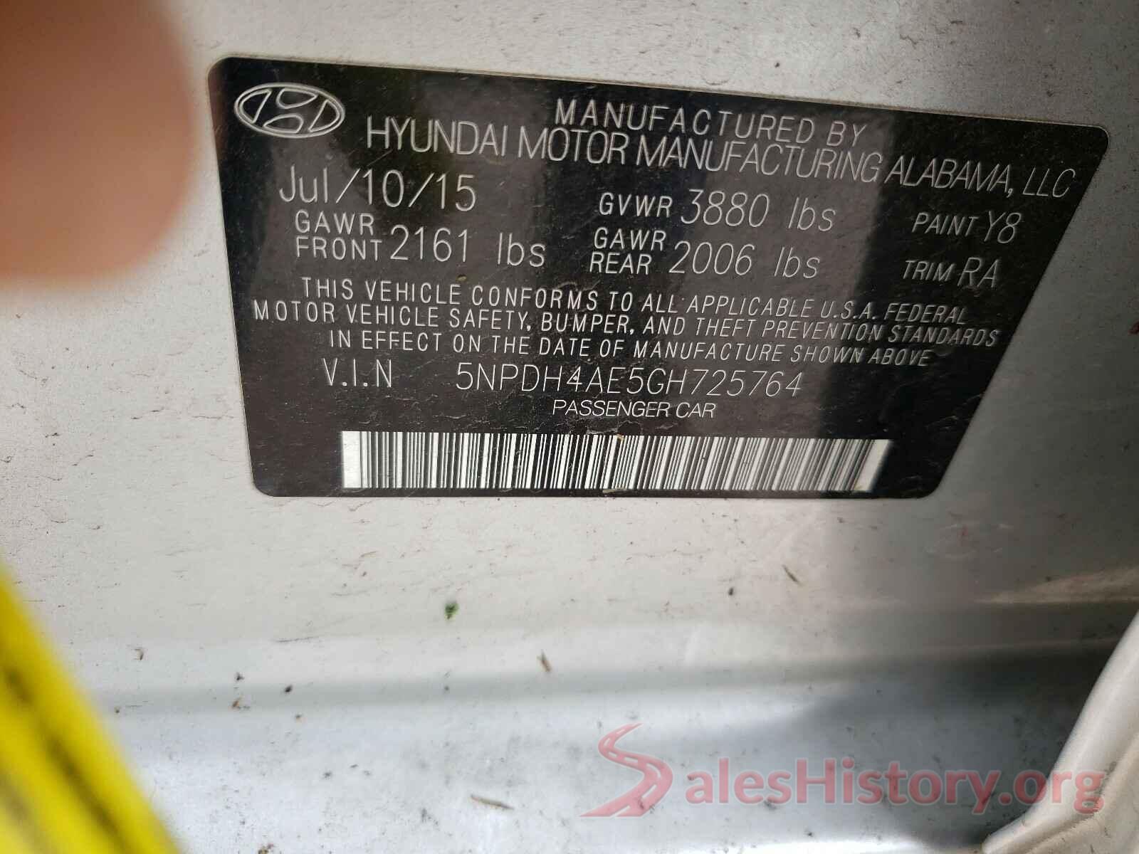 5NPDH4AE5GH725764 2016 HYUNDAI ELANTRA