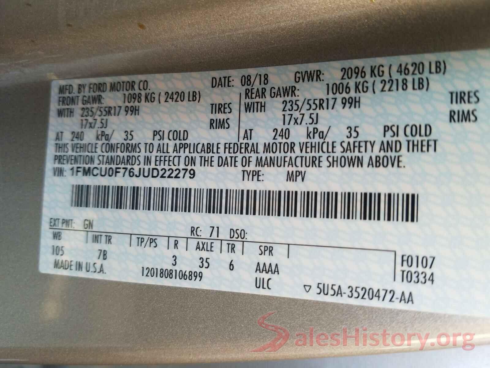 1FMCU0F76JUD22279 2018 FORD ESCAPE