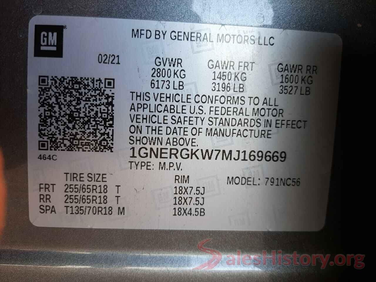 1GNERGKW7MJ169669 2021 CHEVROLET TRAVERSE