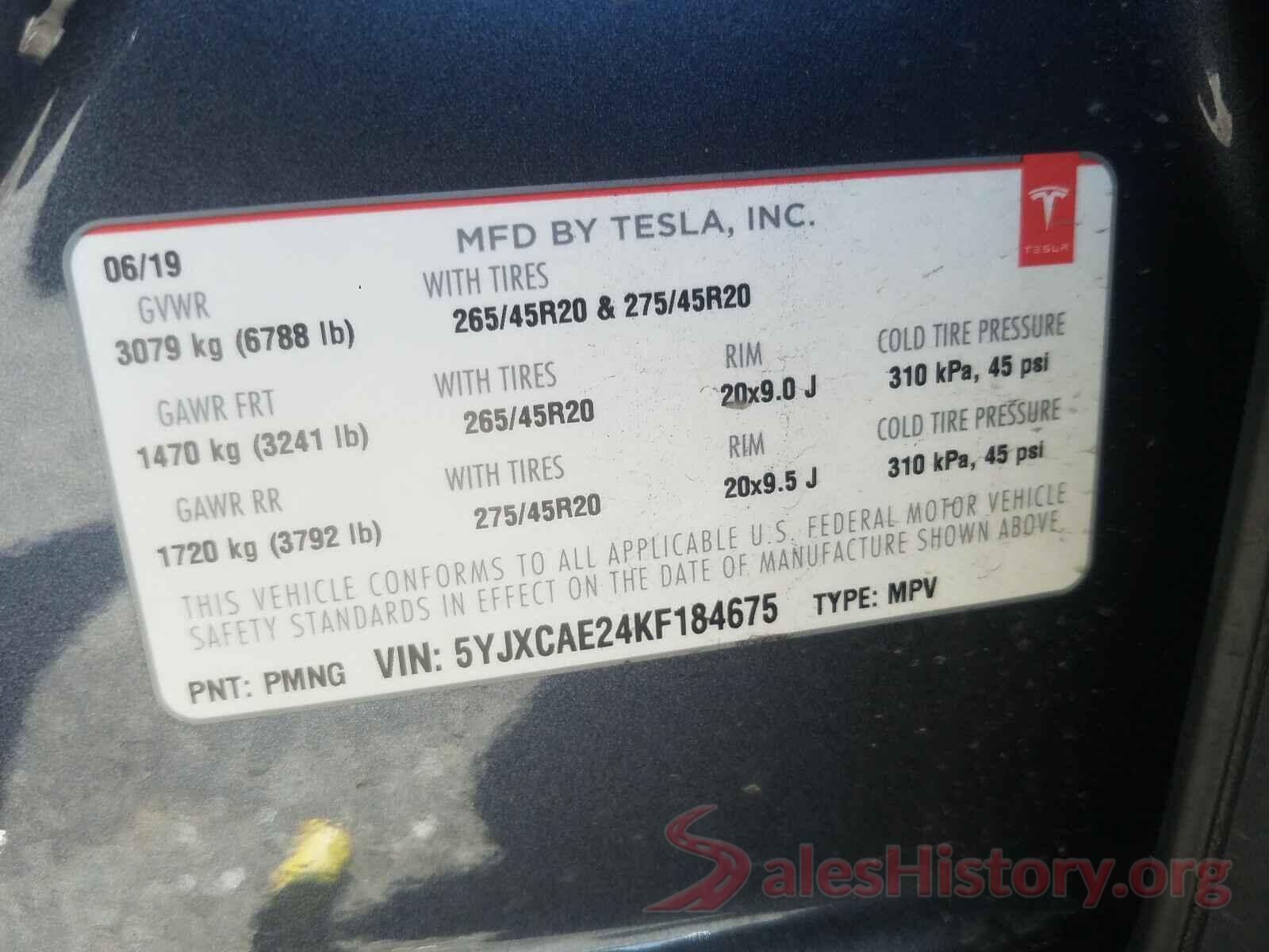 5YJXCAE24KF184675 2019 TESLA MODEL X