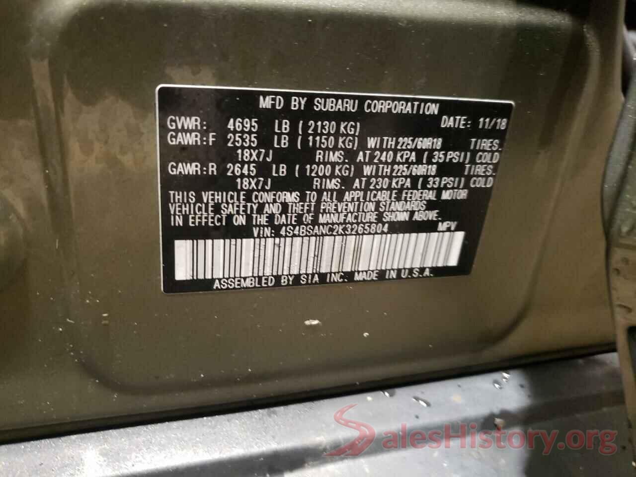 4S4BSANC2K3265804 2019 SUBARU OUTBACK