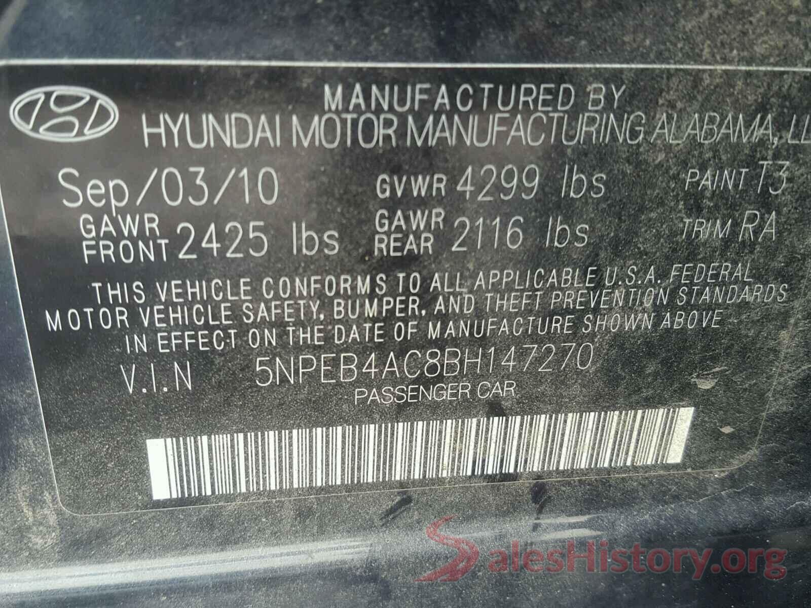 5NPEB4AC8BH147270 2011 HYUNDAI SONATA