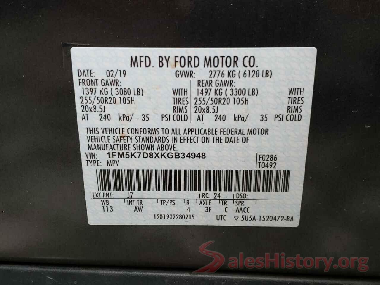 1FM5K7D8XKGB34948 2019 FORD EXPLORER