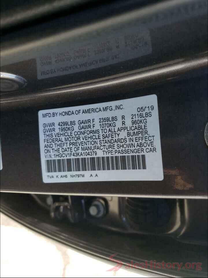 1HGCV1F43KA104379 2019 HONDA ACCORD