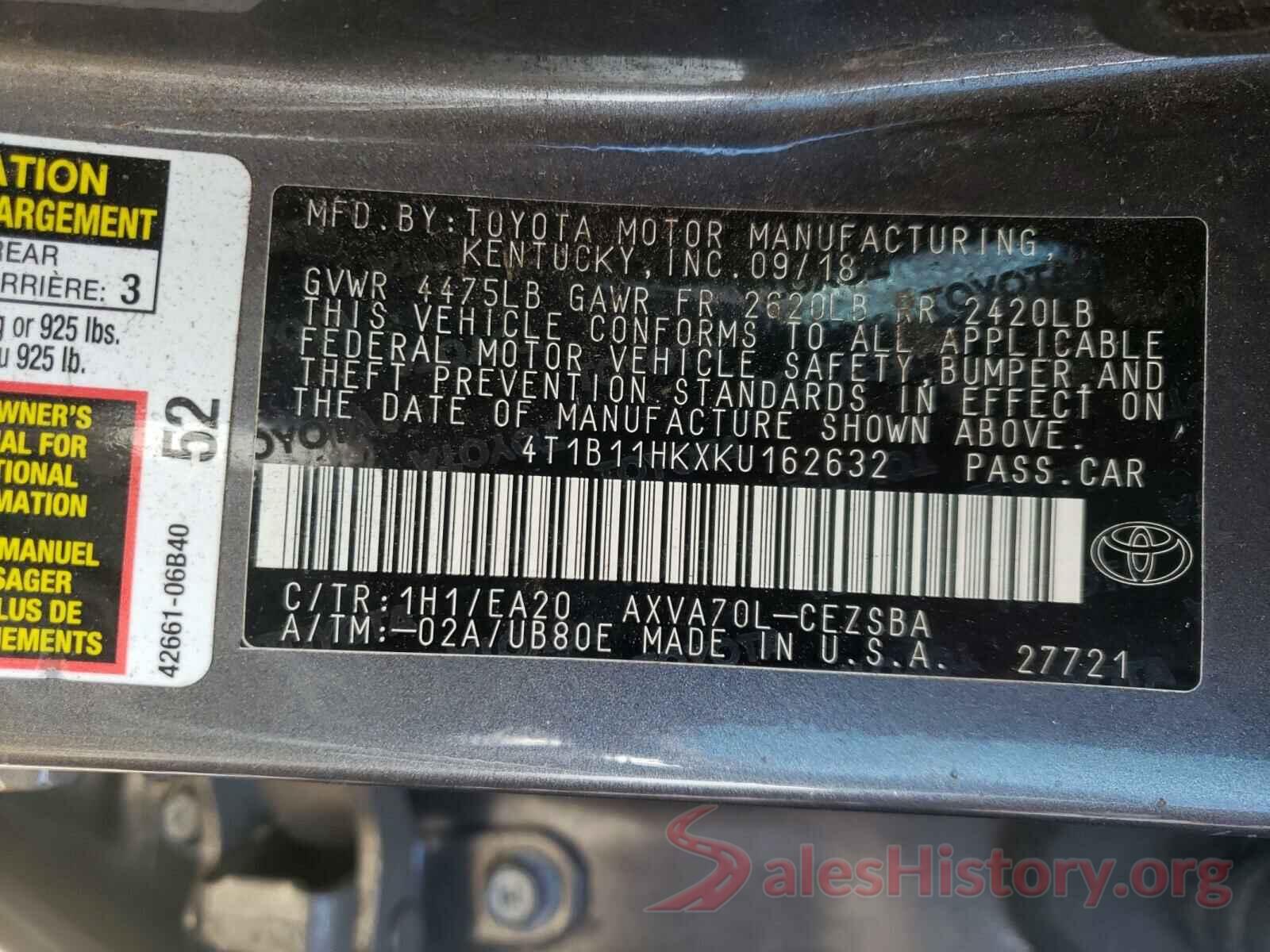 4T1B11HKXKU162632 2019 TOYOTA CAMRY