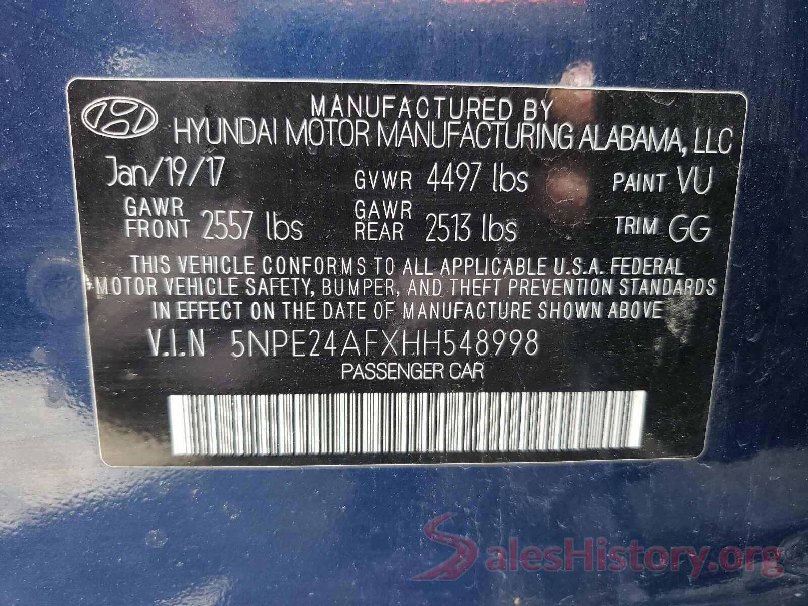 5NPE24AFXHH548998 2017 HYUNDAI SONATA