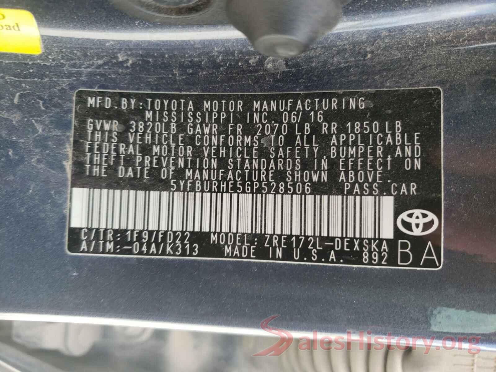 5YFBURHE5GP528506 2016 TOYOTA COROLLA