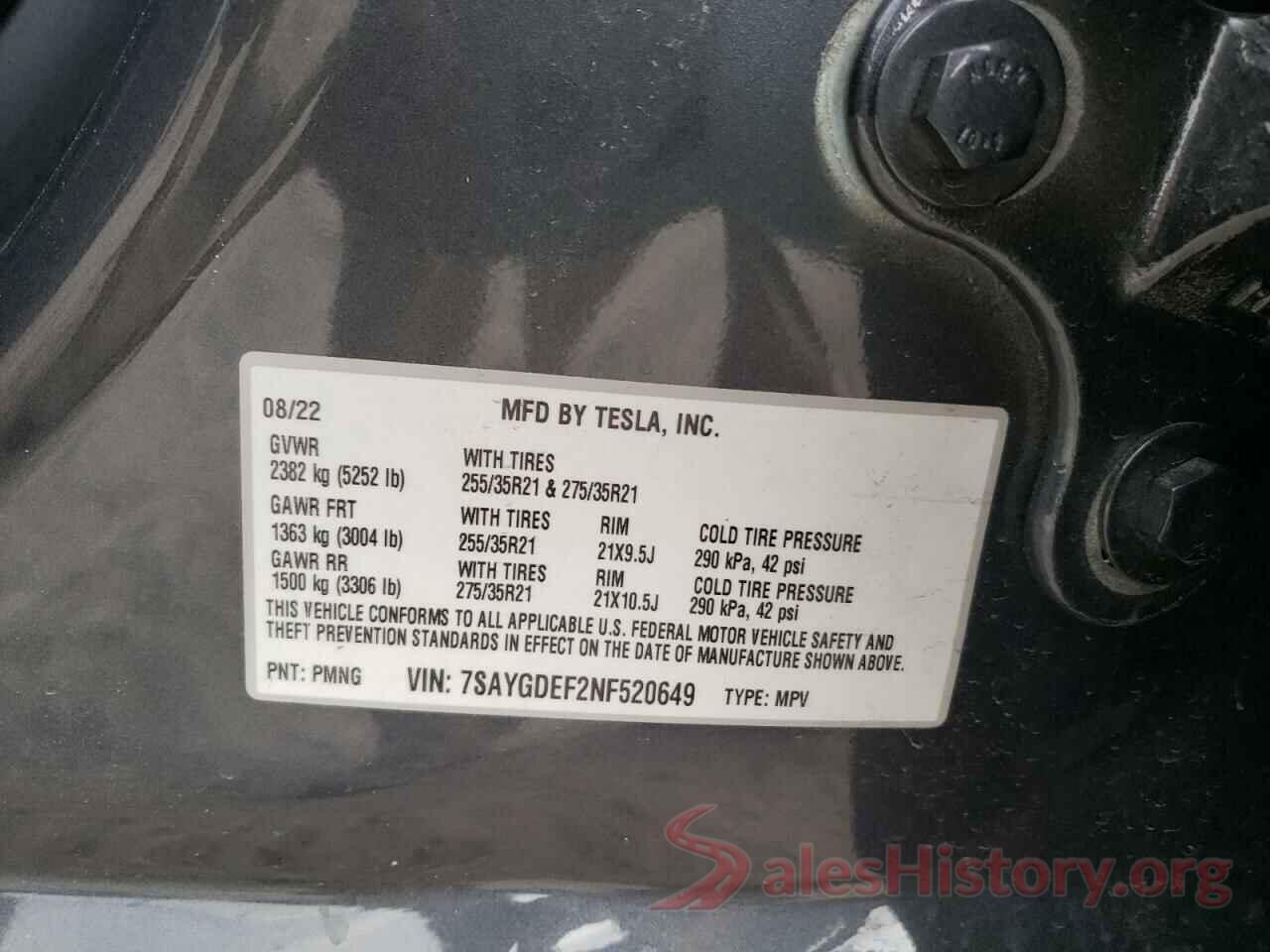 7SAYGDEF2NF520649 2022 TESLA MODEL Y