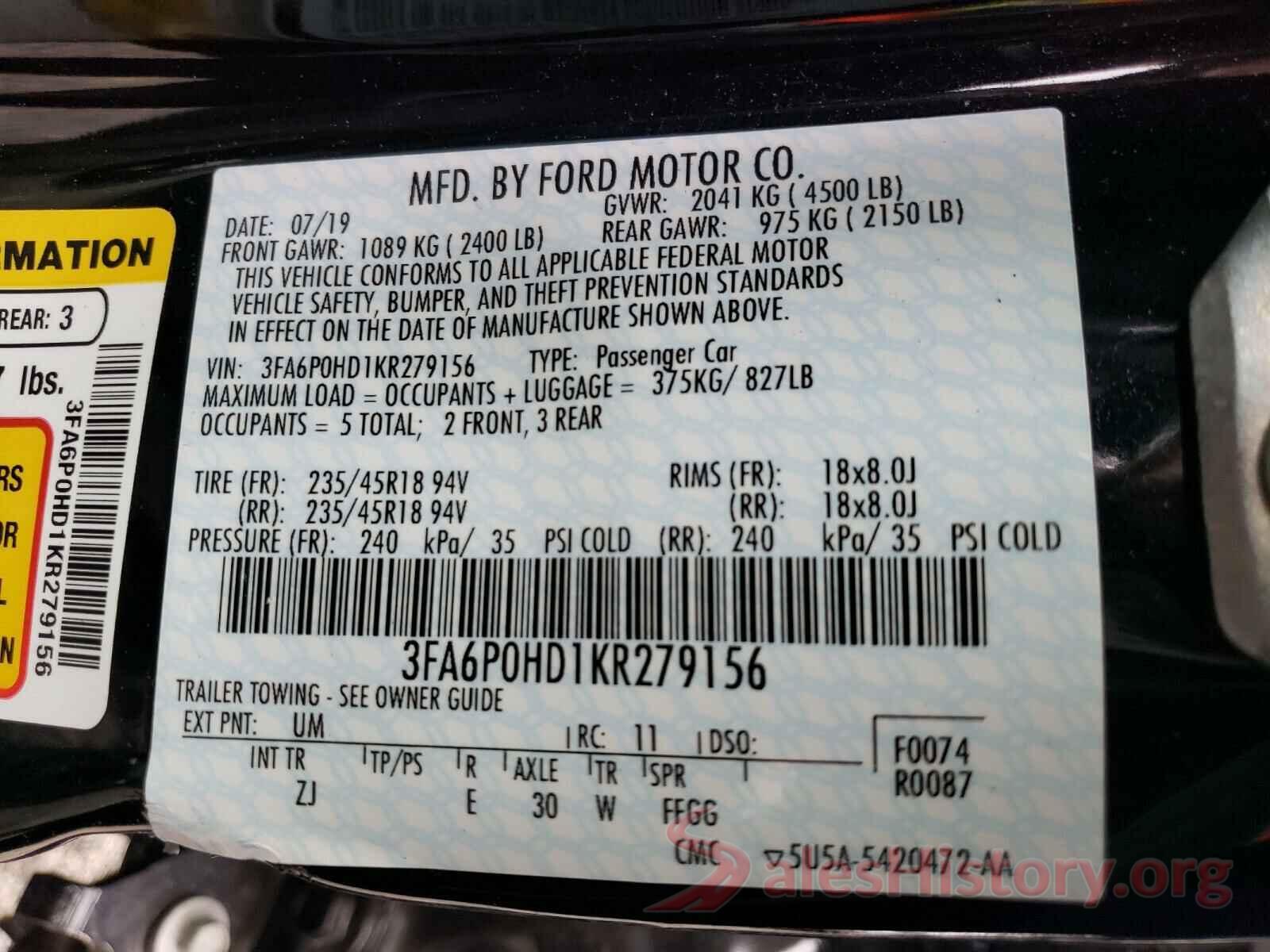 3FA6P0HD1KR279156 2019 FORD FUSION