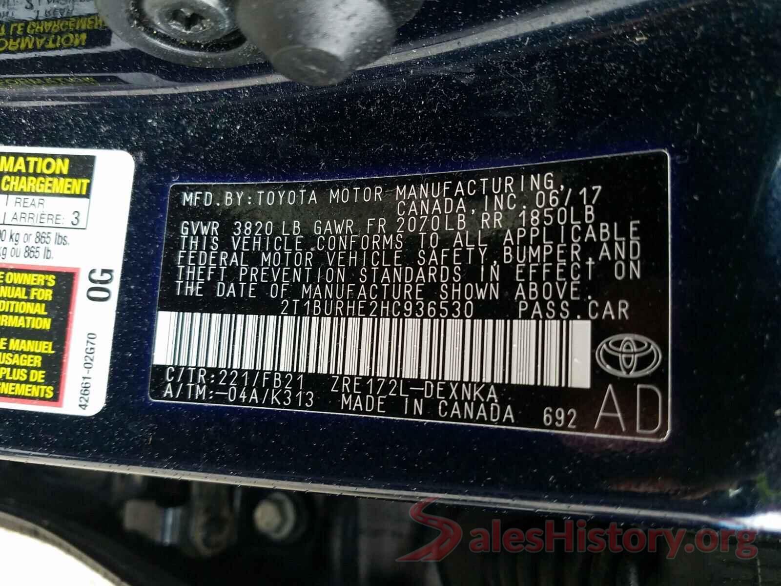 2T1BURHE2HC936530 2017 TOYOTA COROLLA