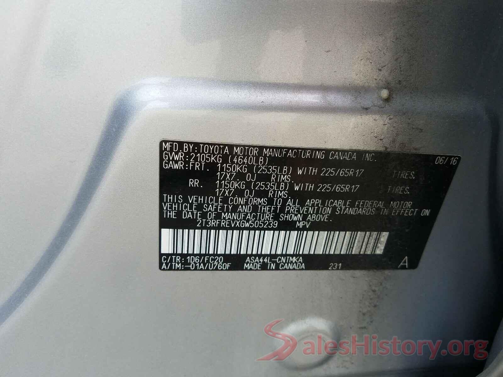 2T3RFREVXGW505239 2016 TOYOTA RAV4