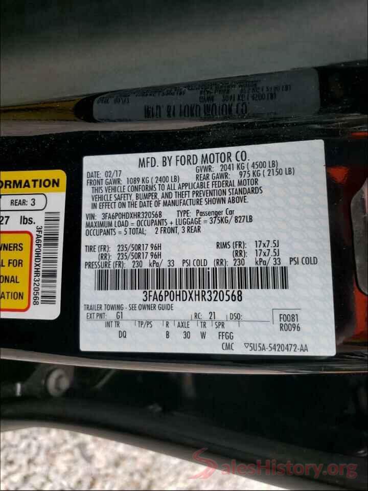 3FA6P0HDXHR320568 2017 FORD FUSION