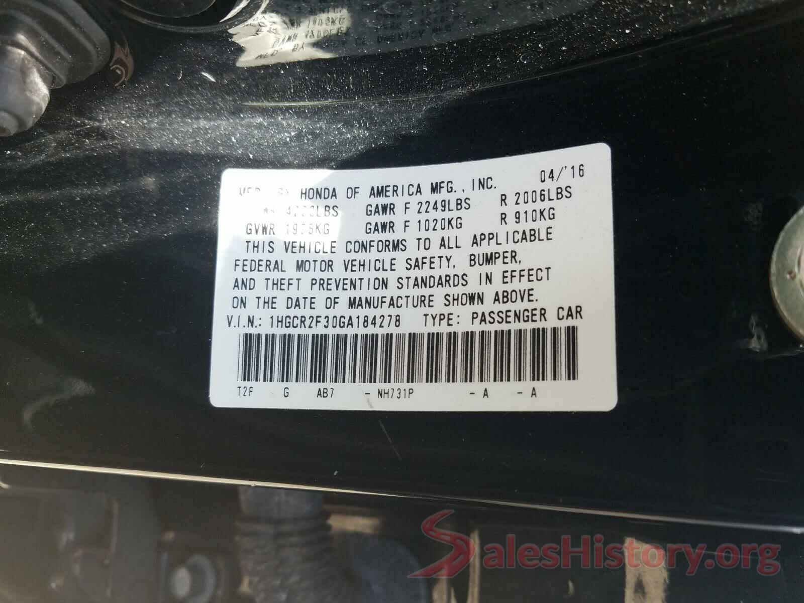 1HGCR2F30GA184278 2016 HONDA ACCORD