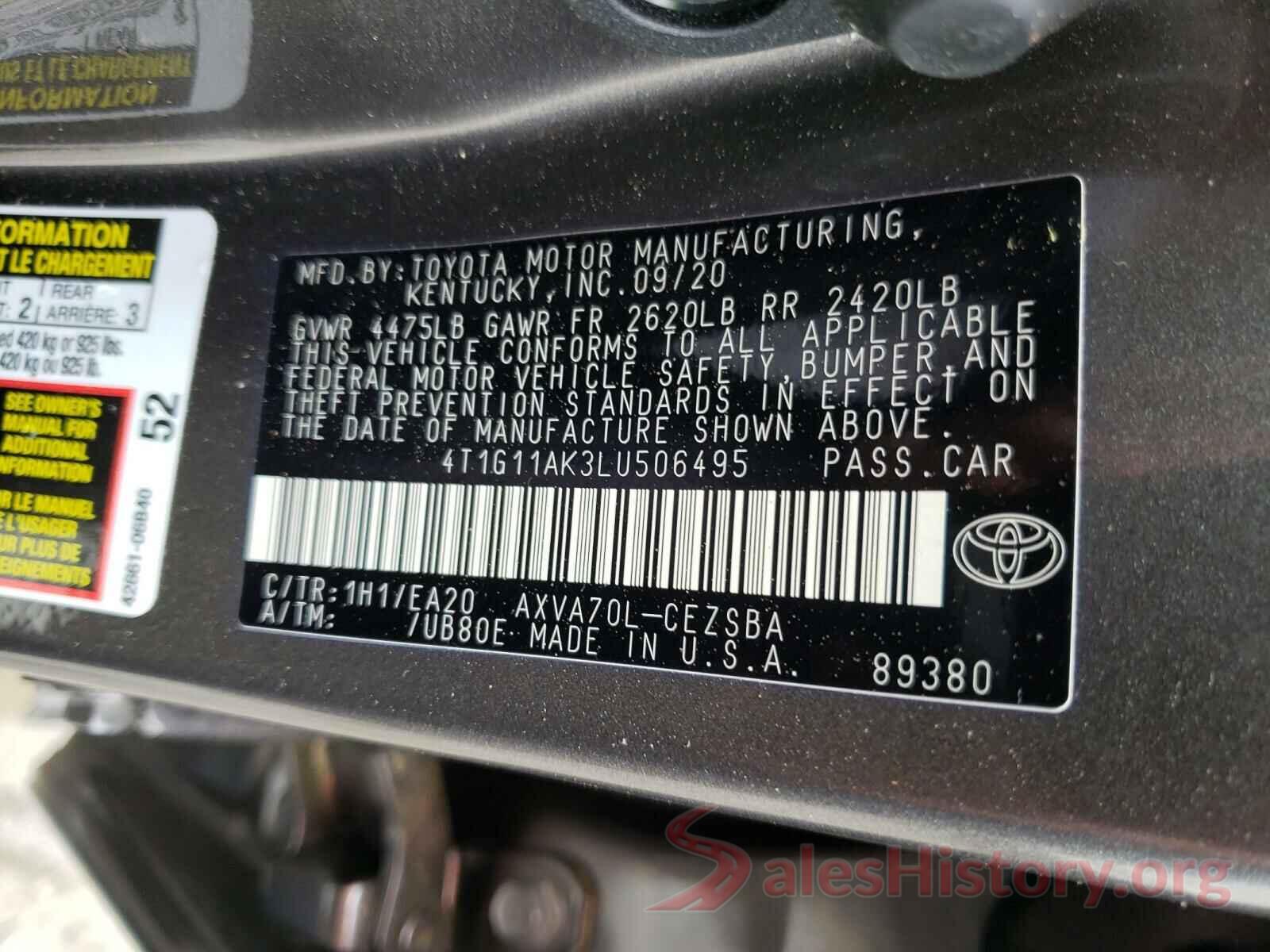 4T1G11AK3LU506495 2020 TOYOTA CAMRY