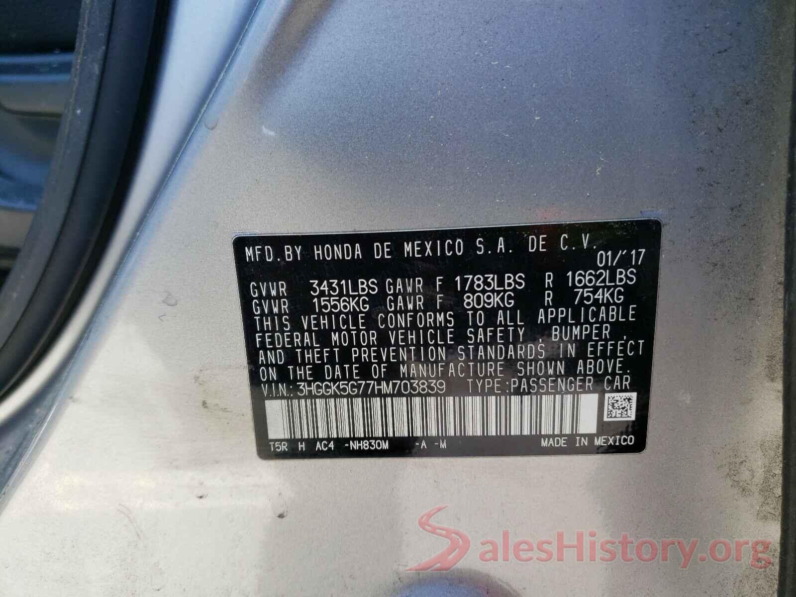 3HGGK5G77HM703839 2017 HONDA FIT