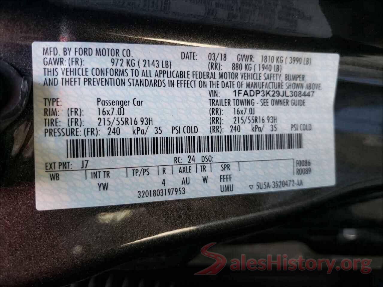 1FADP3K29JL308447 2018 FORD FOCUS