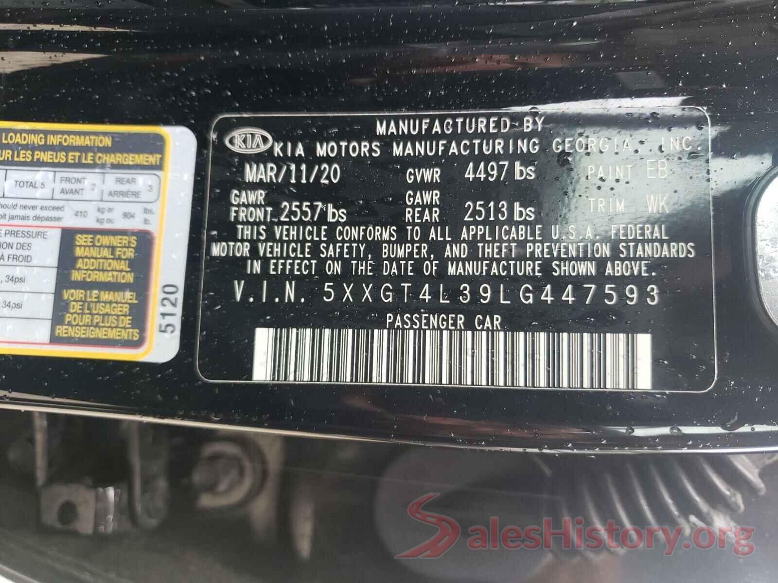 5XXGT4L39LG447593 2020 KIA OPTIMA