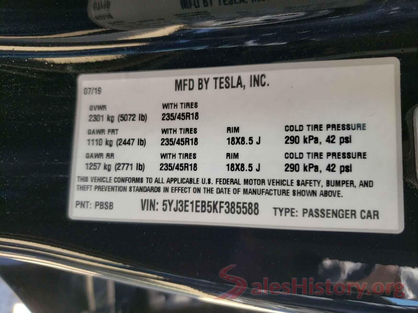 5YJ3E1EB5KF385588 2019 TESLA MODEL 3