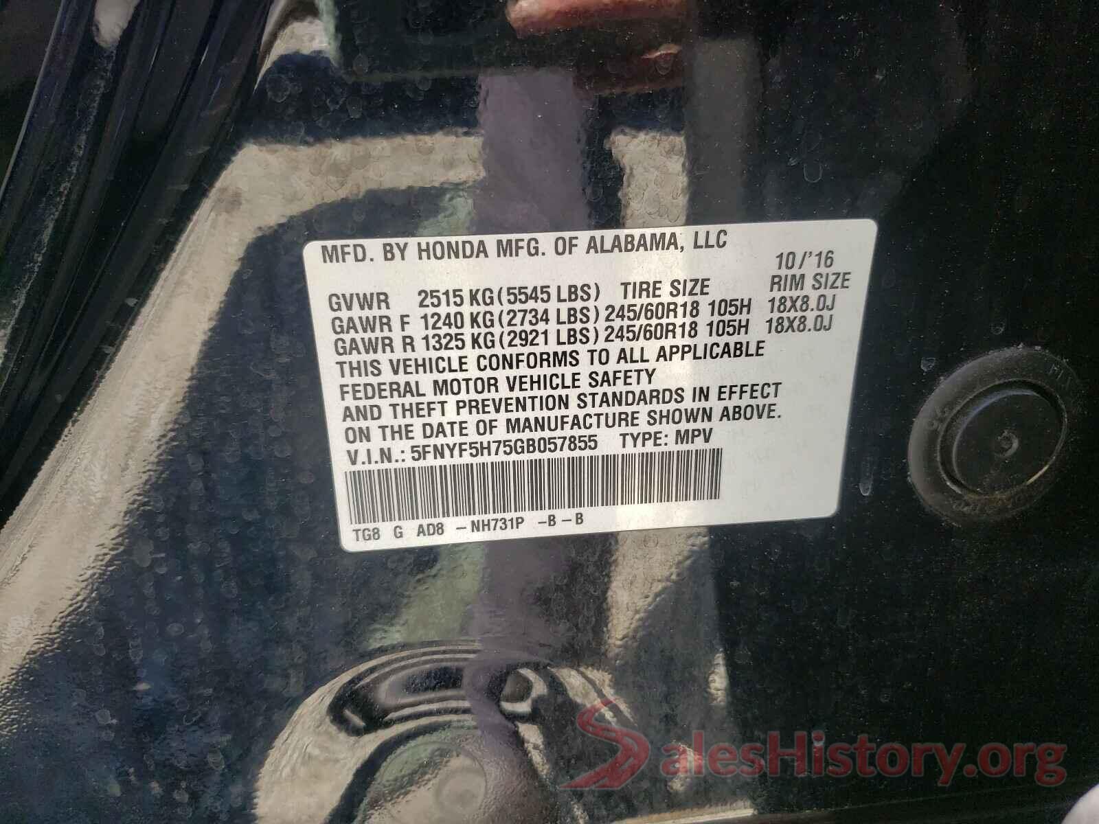 5FNYF5H75GB057855 2016 HONDA PILOT