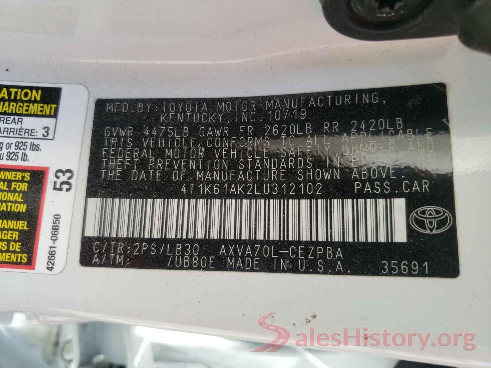 4T1K61AK2LU312102 2020 TOYOTA CAMRY