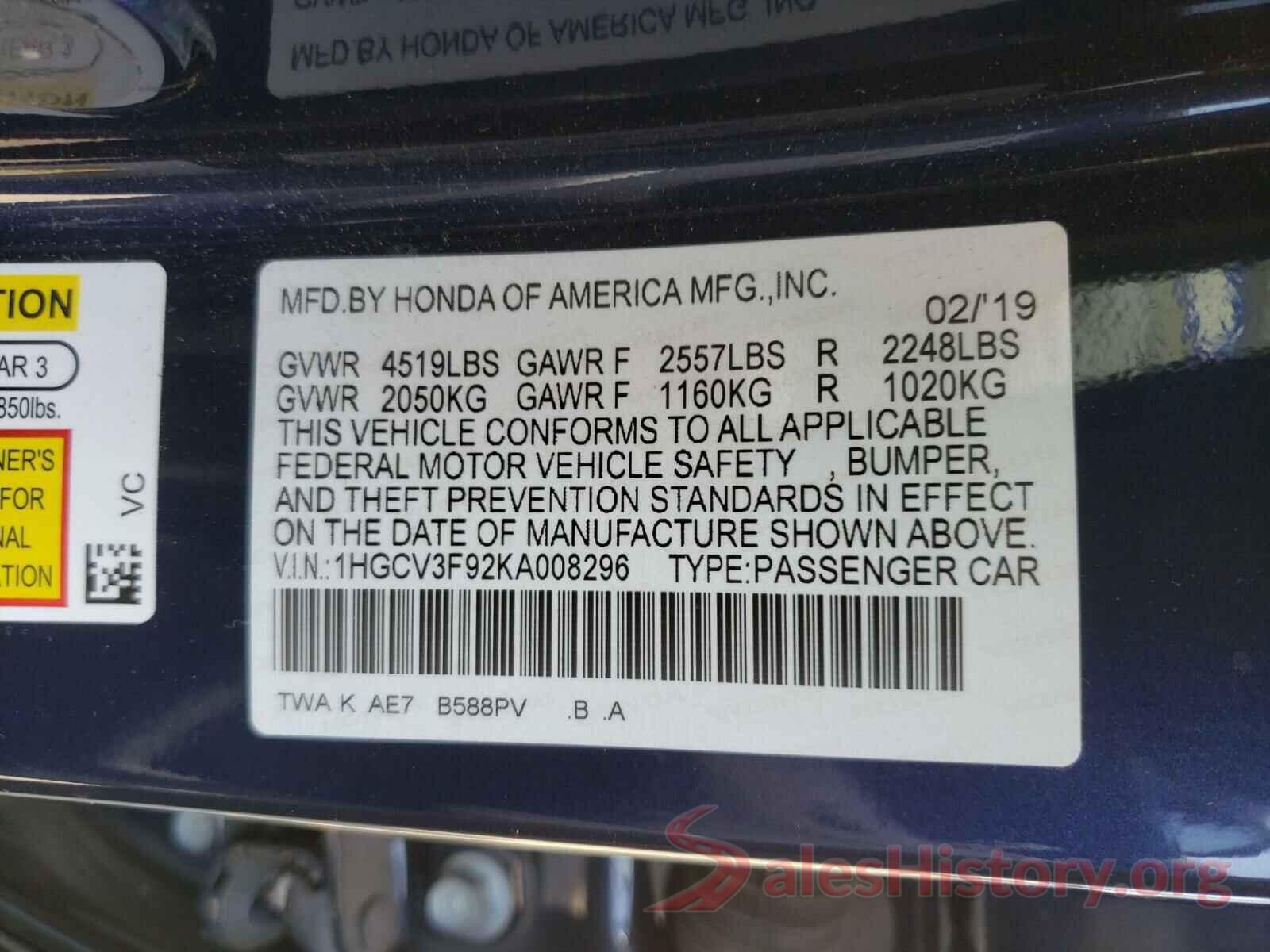 1HGCV3F92KA008296 2019 HONDA ACCORD