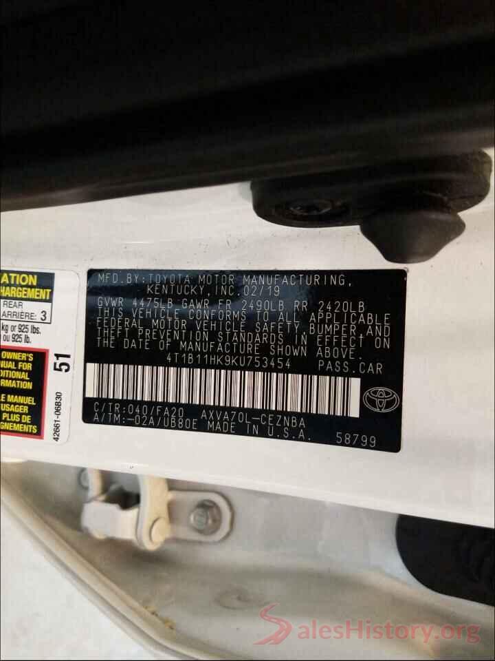 4T1B11HK9KU753454 2019 TOYOTA CAMRY