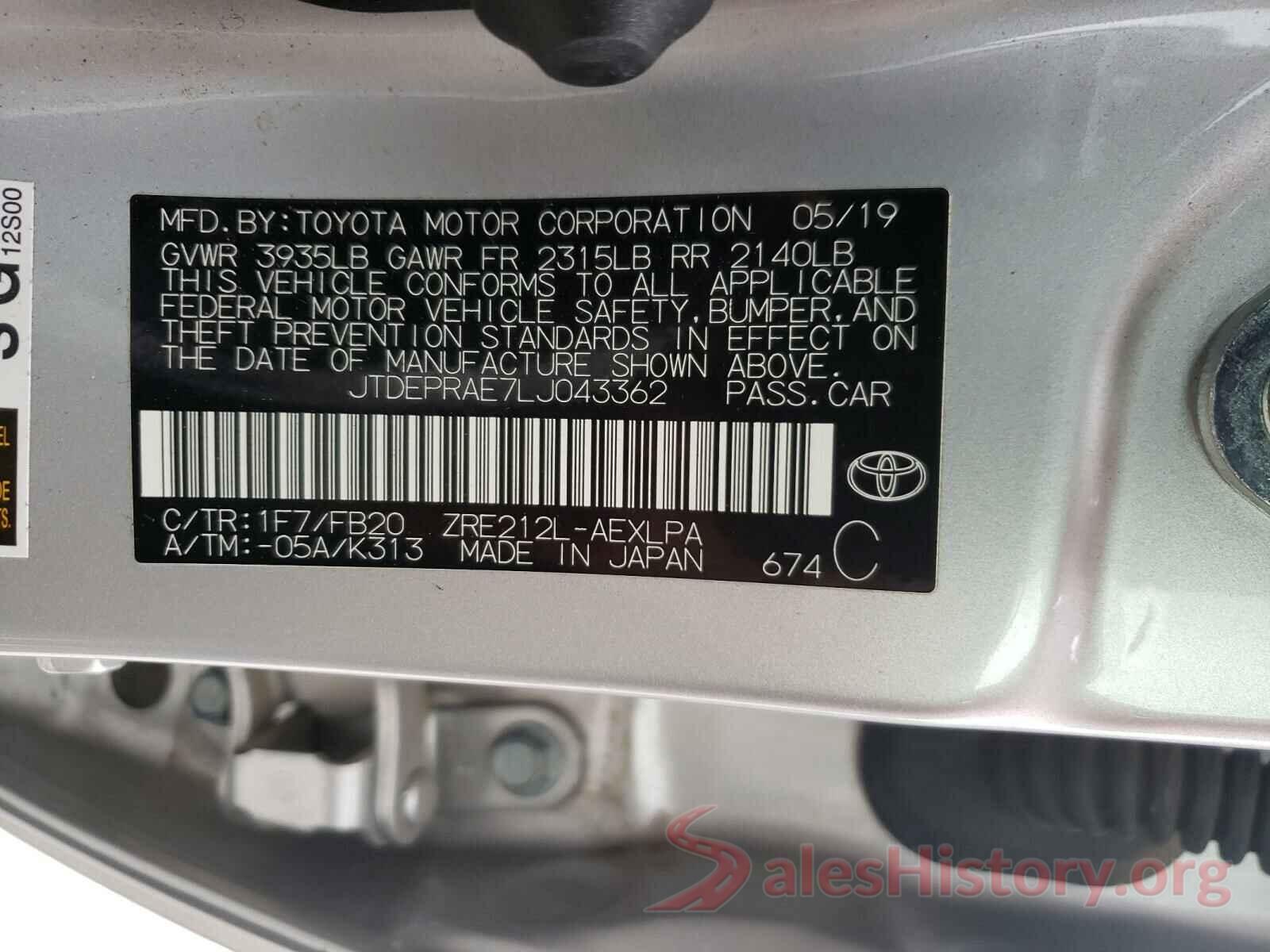 JTDEPRAE7LJ043362 2020 TOYOTA COROLLA