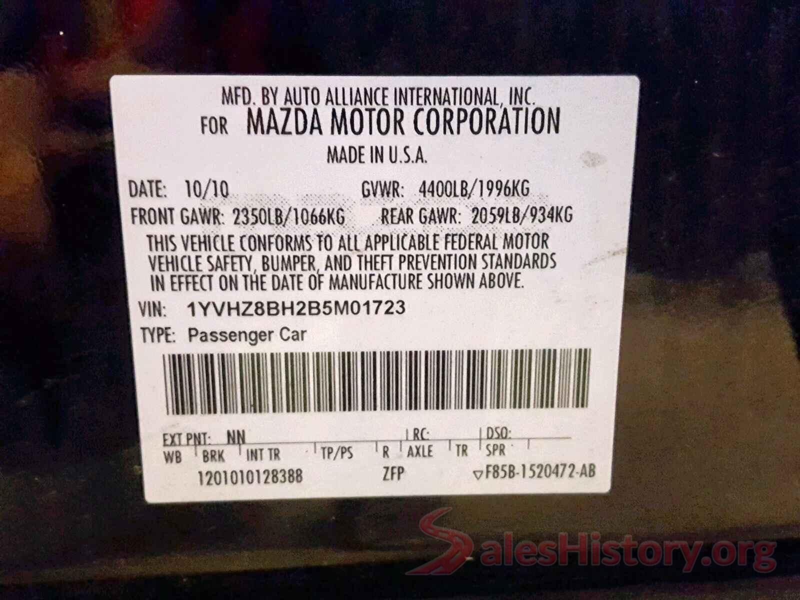 1YVHZ8BH2B5M01723 2011 MAZDA 6