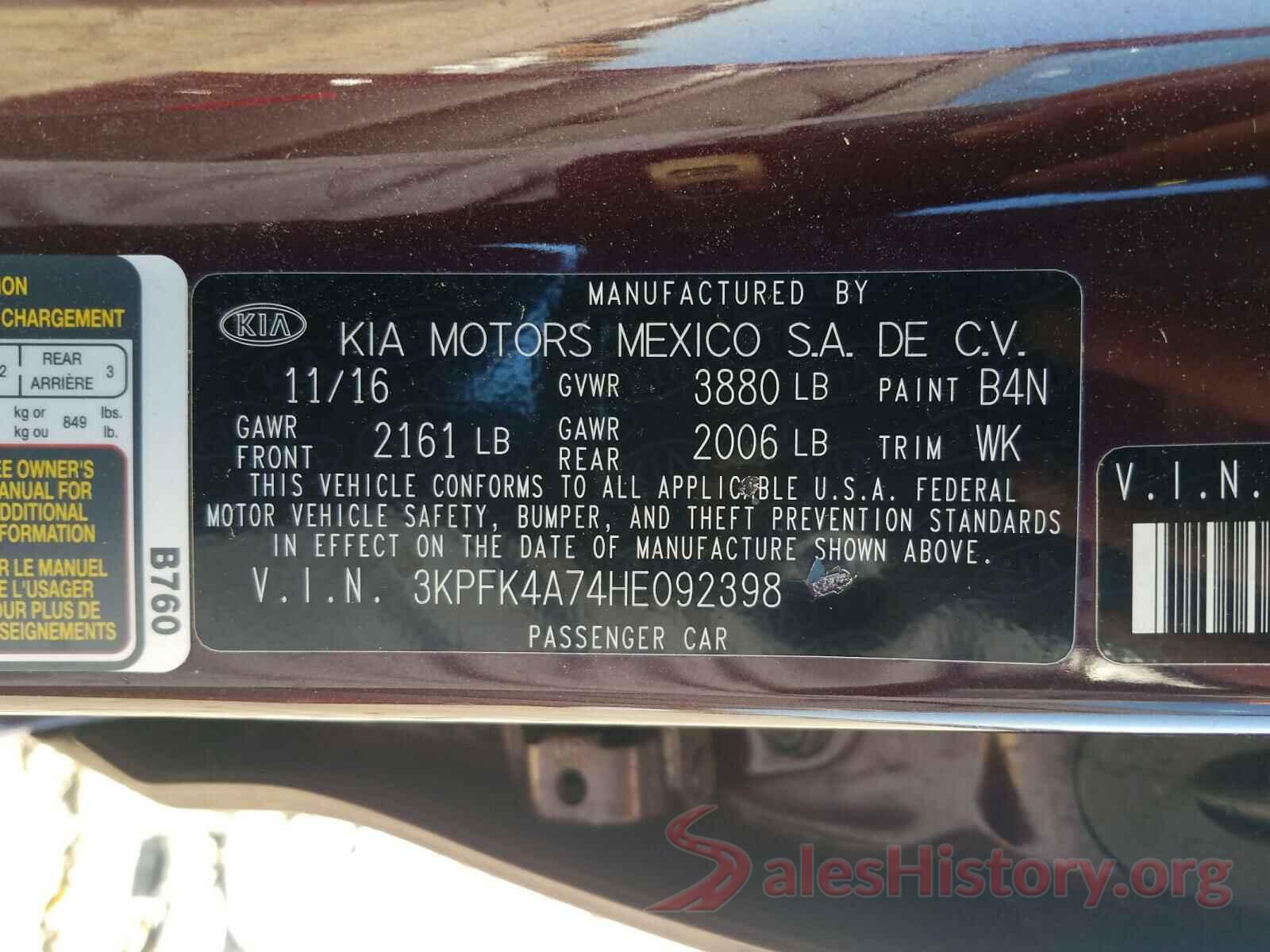 3KPFK4A74HE092398 2017 KIA FORTE