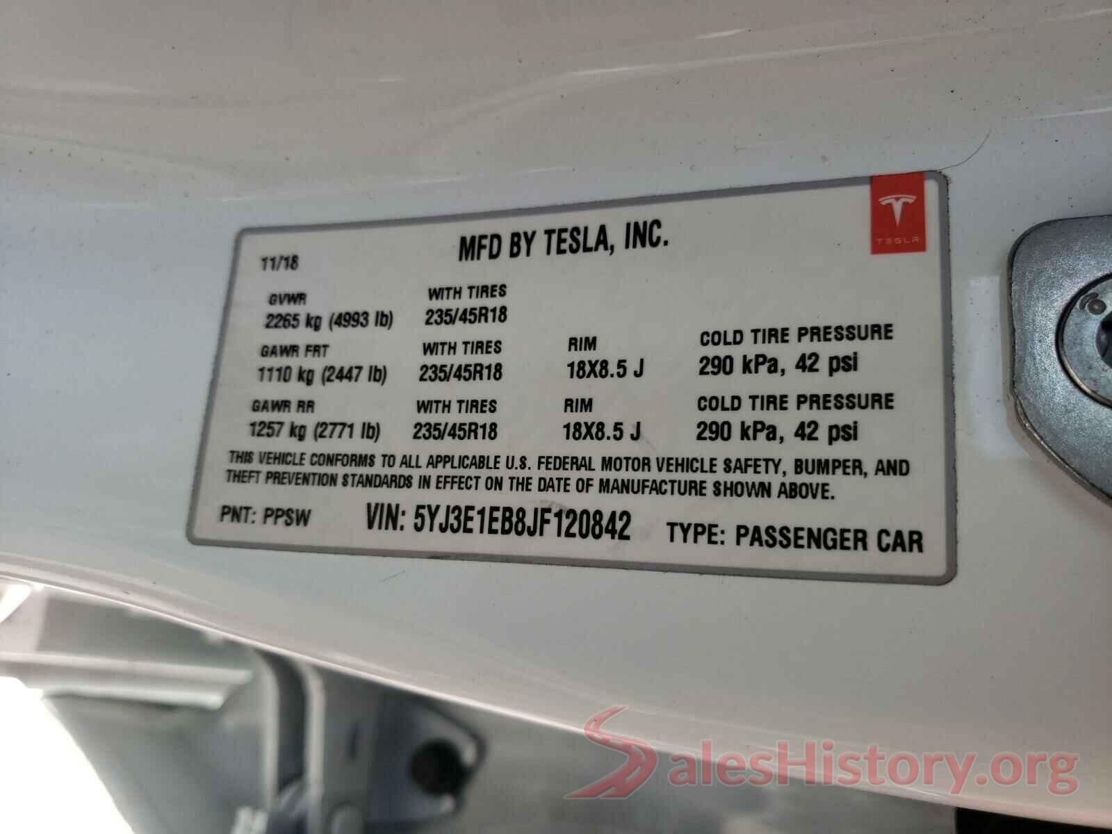 5YJ3E1EB8JF120842 2018 TESLA MODEL 3