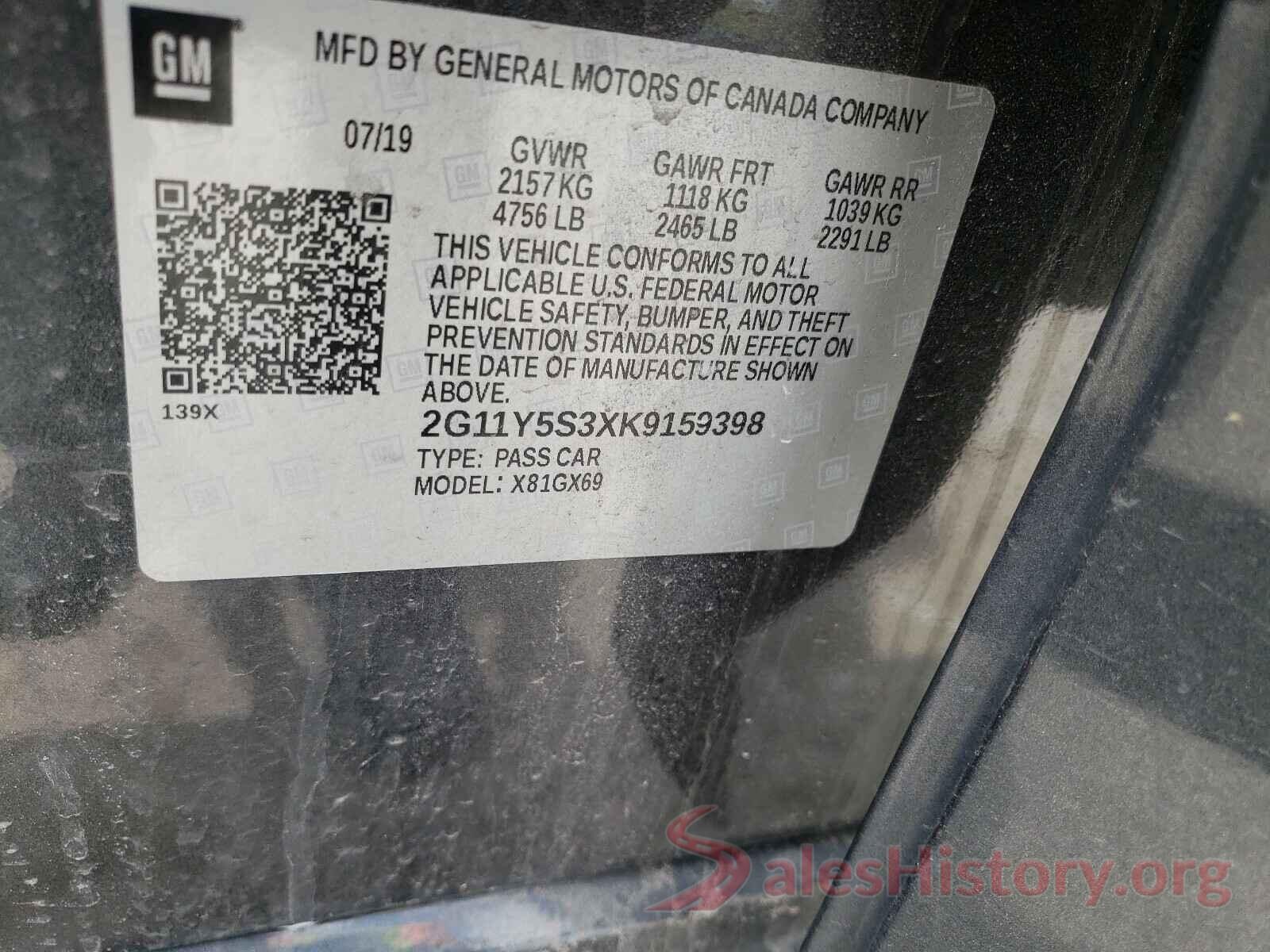 2G11Y5S3XK9159398 2019 CHEVROLET IMPALA