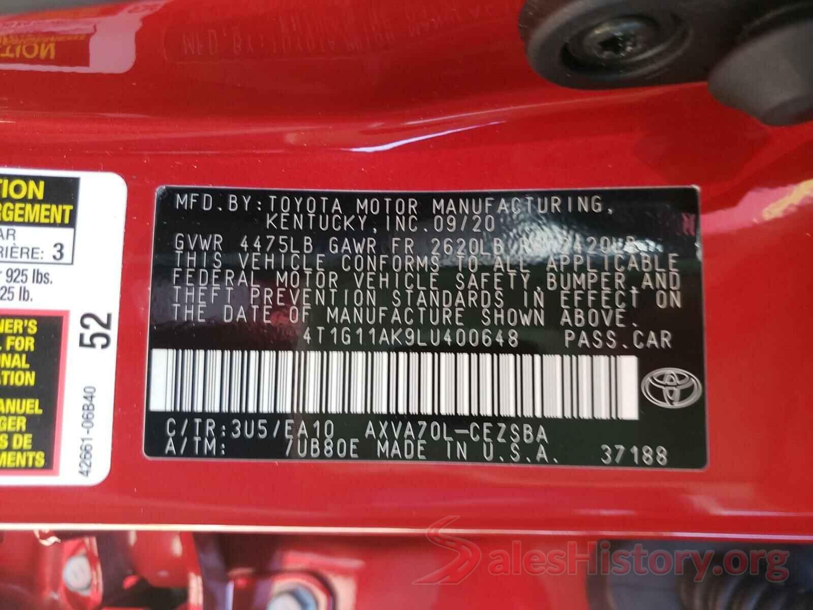 4T1G11AK9LU400648 2020 TOYOTA CAMRY