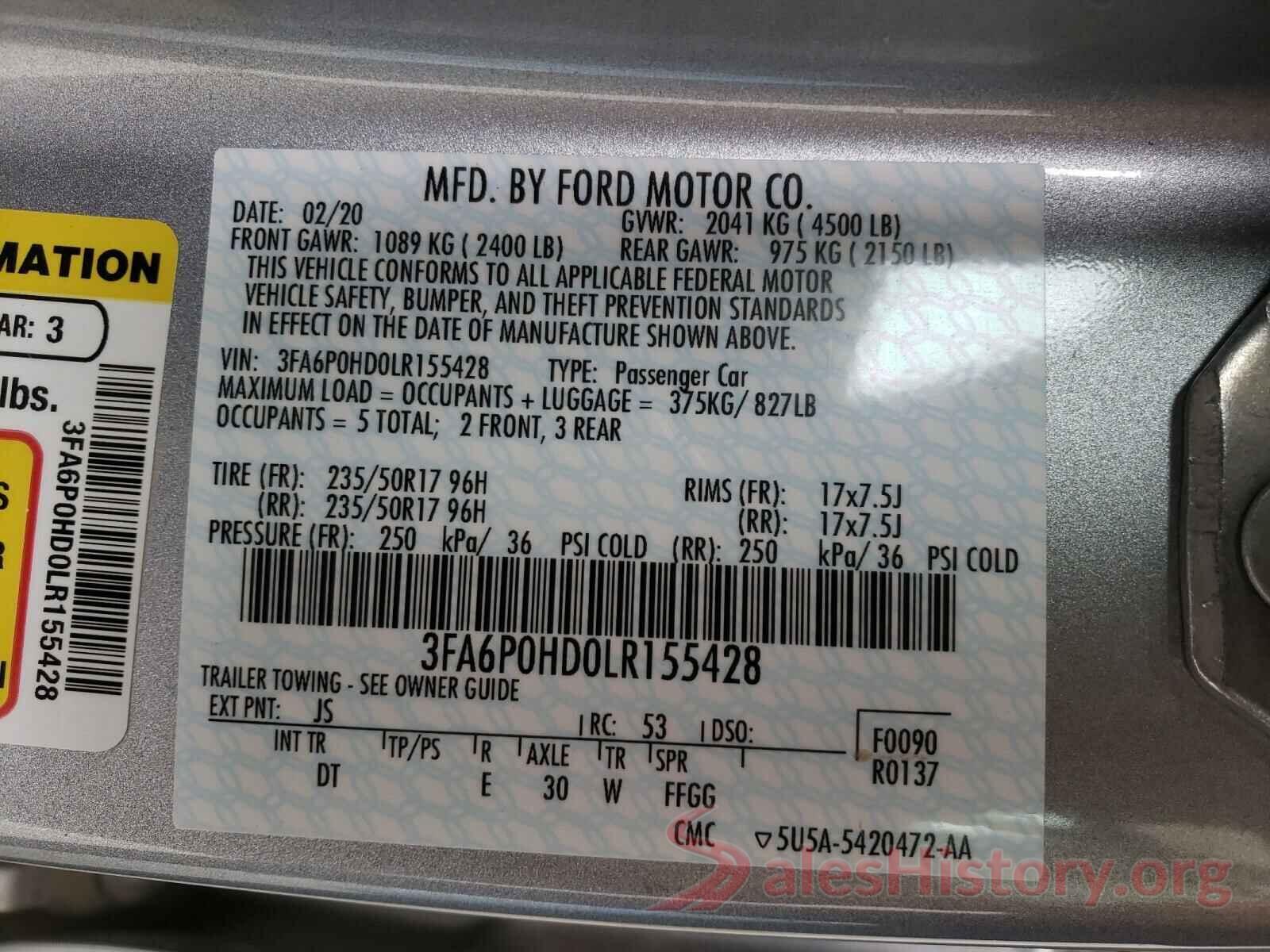 3FA6P0HD0LR155428 2020 FORD FUSION