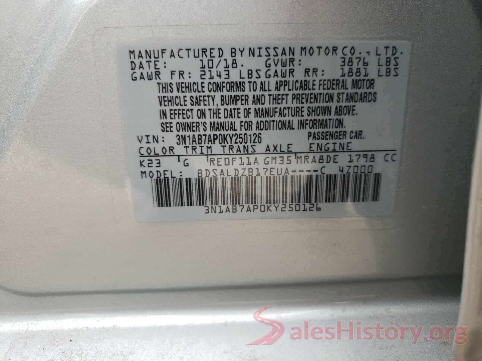 3N1AB7AP0KY250126 2019 NISSAN SENTRA